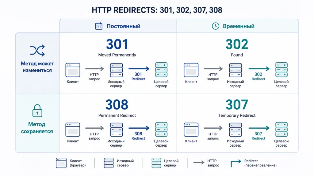 Редиректы при переносе страниц: как выбирать между 301, 302, 307 и 308