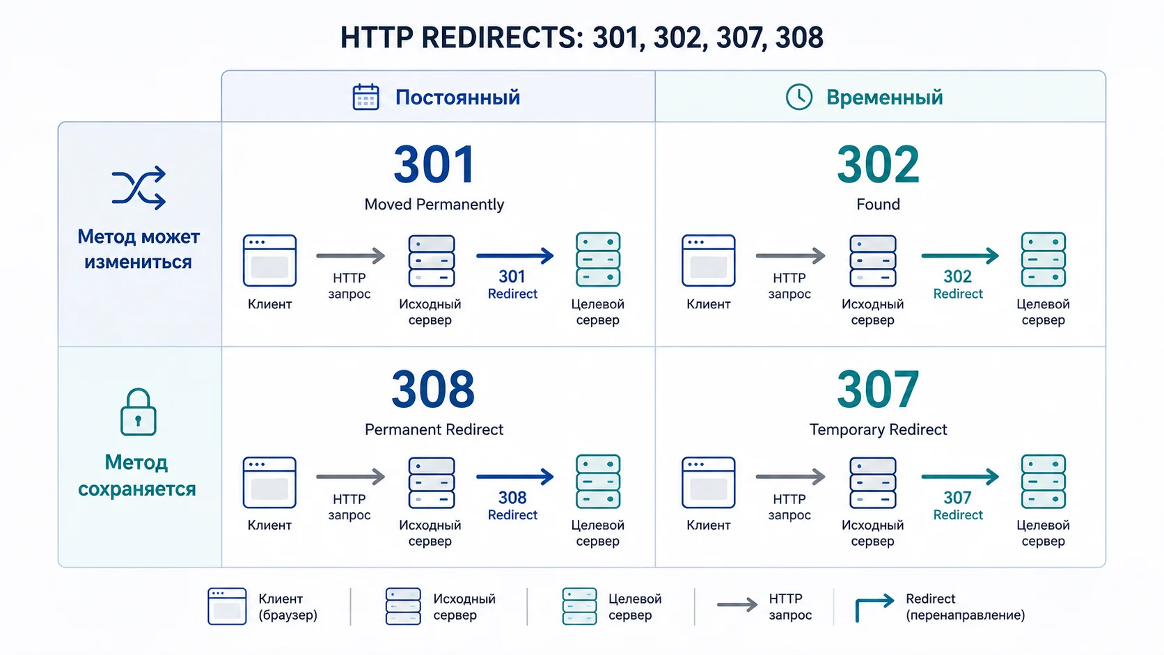 Редиректы при переносе страниц: как выбирать между 301, 302, 307 и 308
