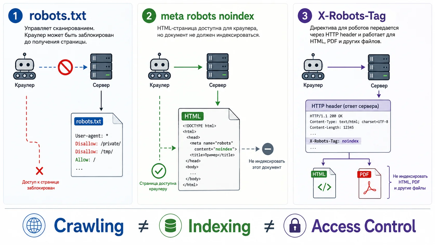 robots.txt, noindex и X-Robots-Tag: три механизма, которые легко перепутать
