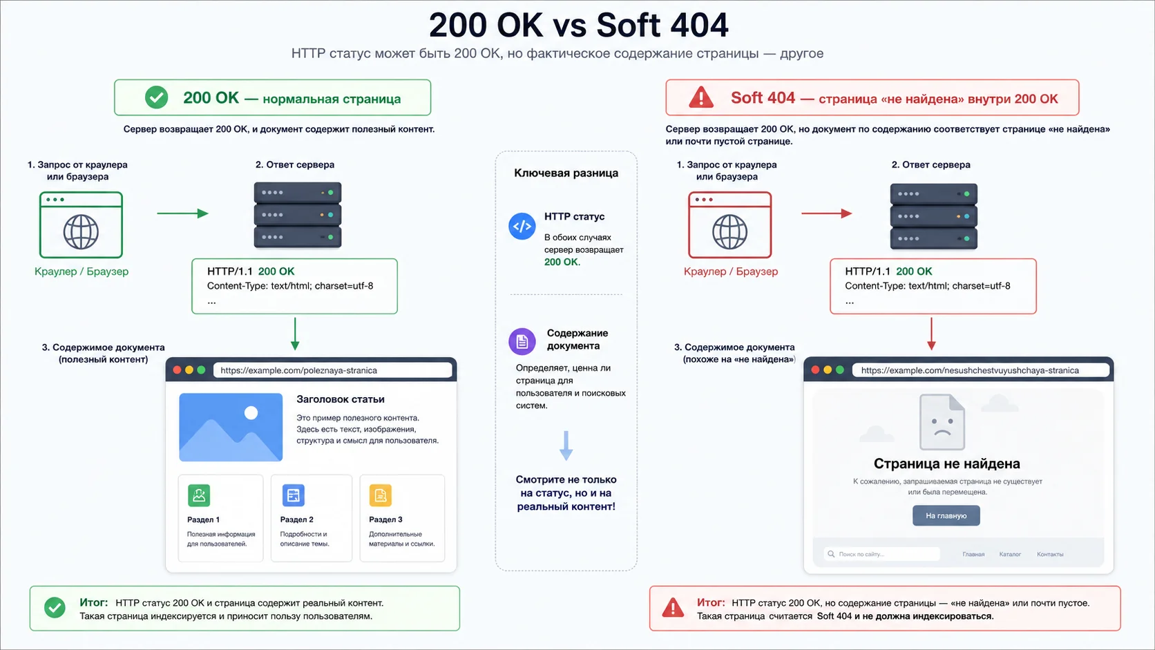 Разница между корректным ответом 200 OK и soft 404 при одинаковом HTTP-статусе