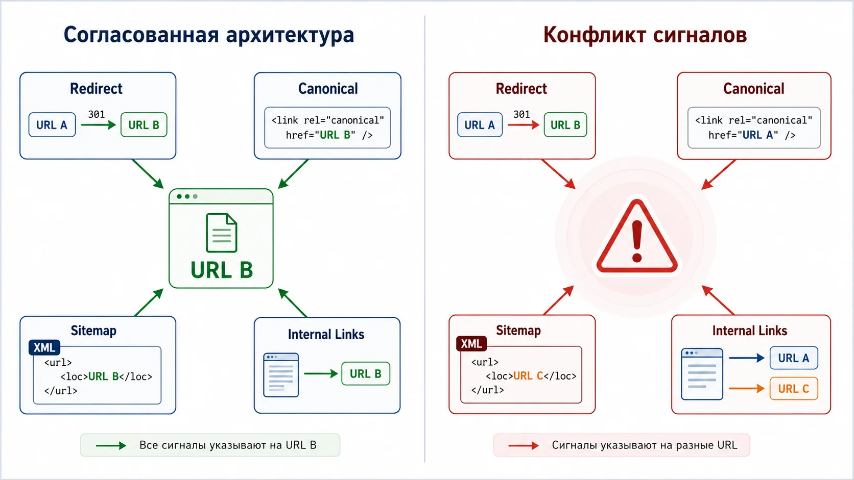 Согласованные и конфликтующие сигналы canonical, redirect, sitemap и внутренних ссылок