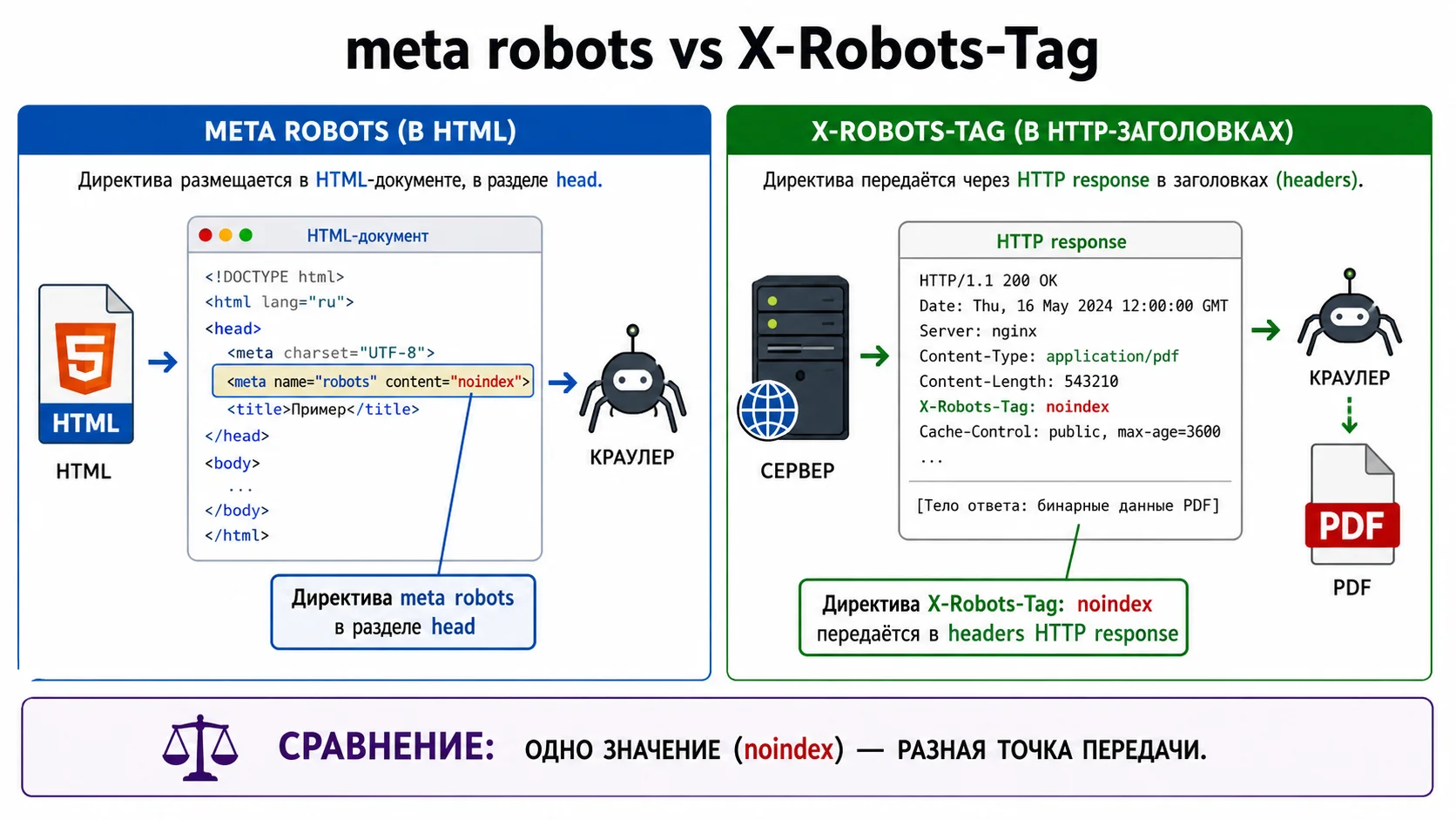 Meta robots noindex в HTML и X-Robots-Tag noindex в HTTP-заголовке для PDF