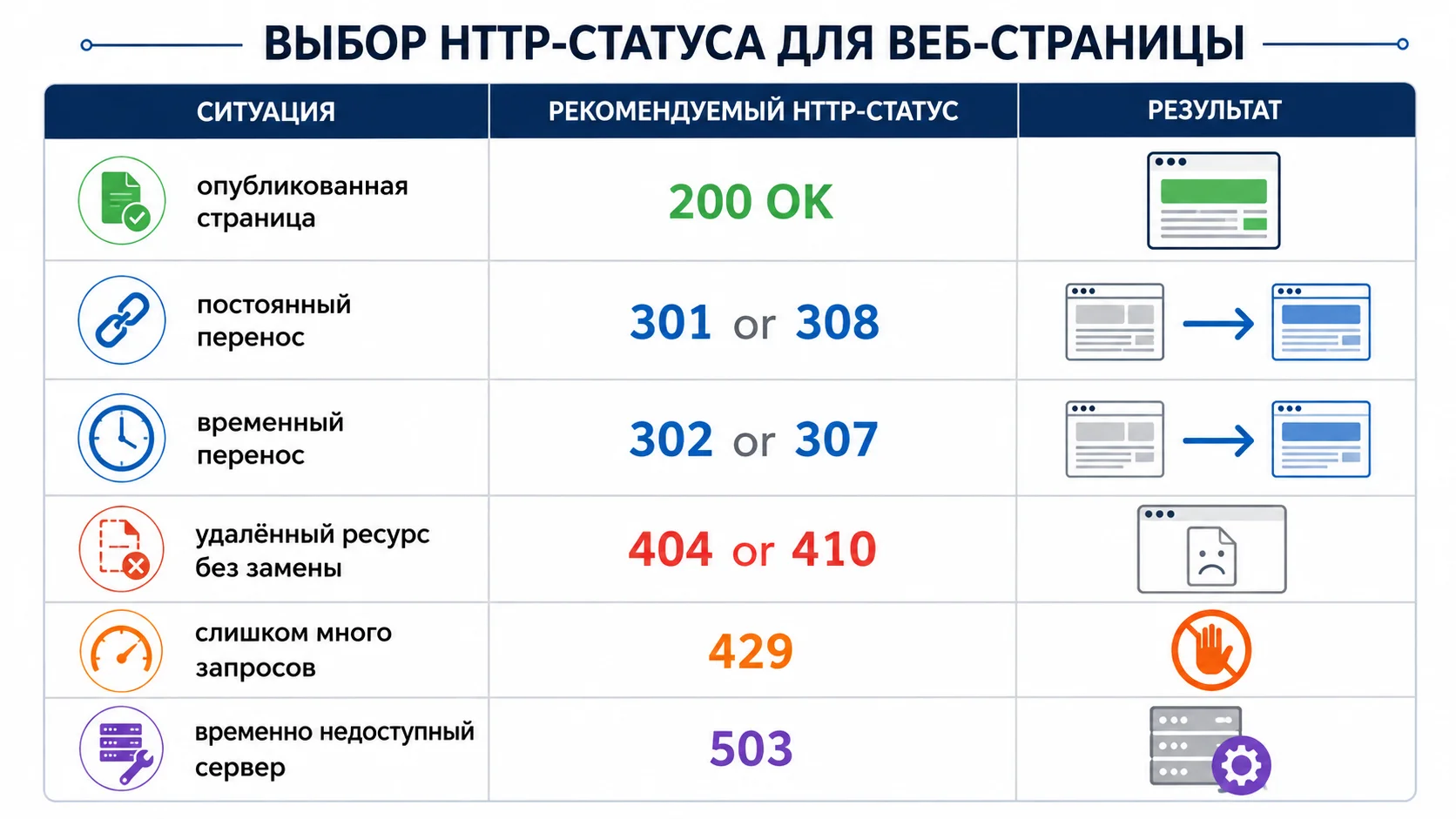 Какой HTTP-код использовать для рабочей, перенесённой, удалённой или временно недоступной страницы