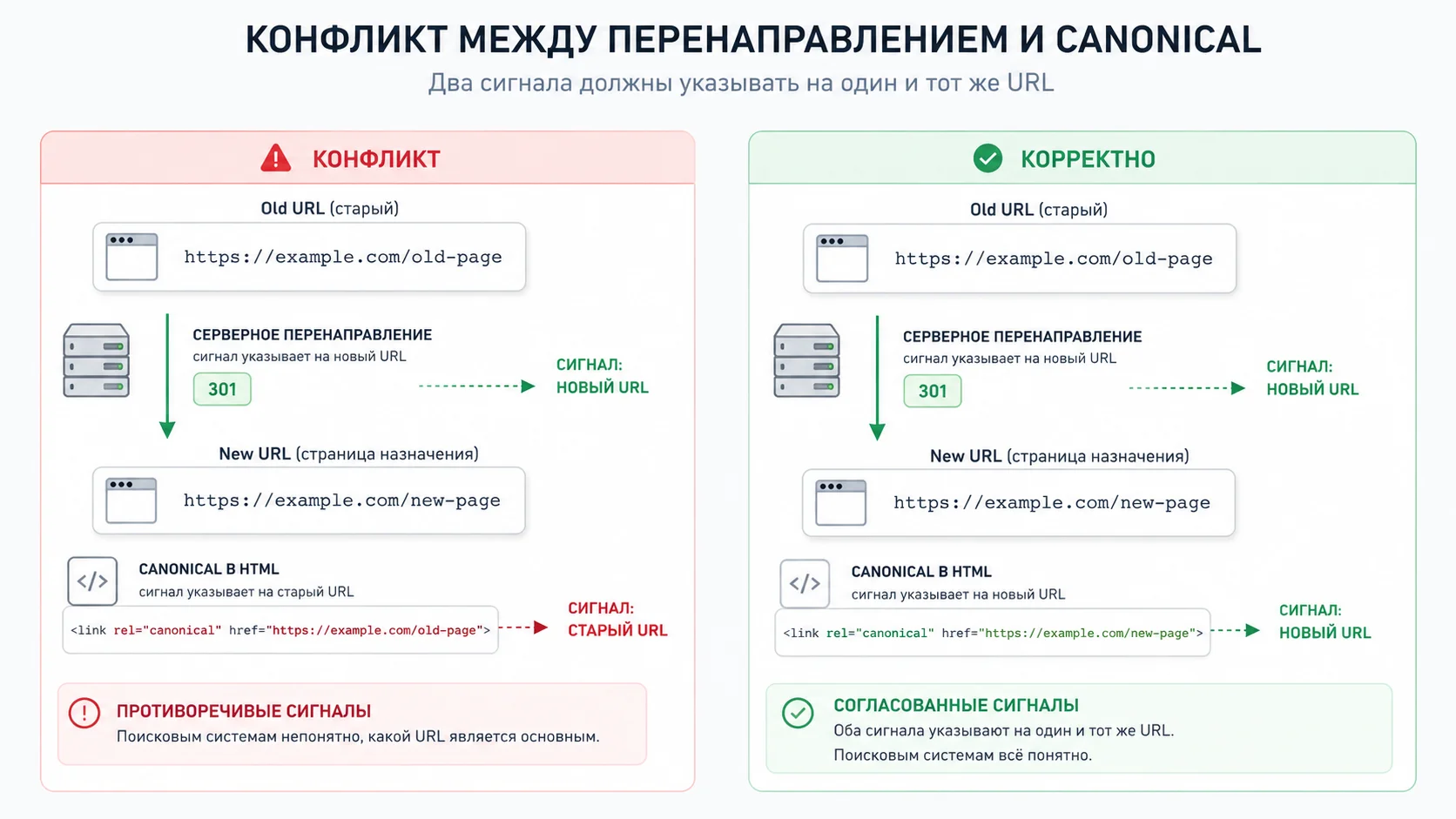 Конфликт между 301 redirect и canonical URL при переносе страницы