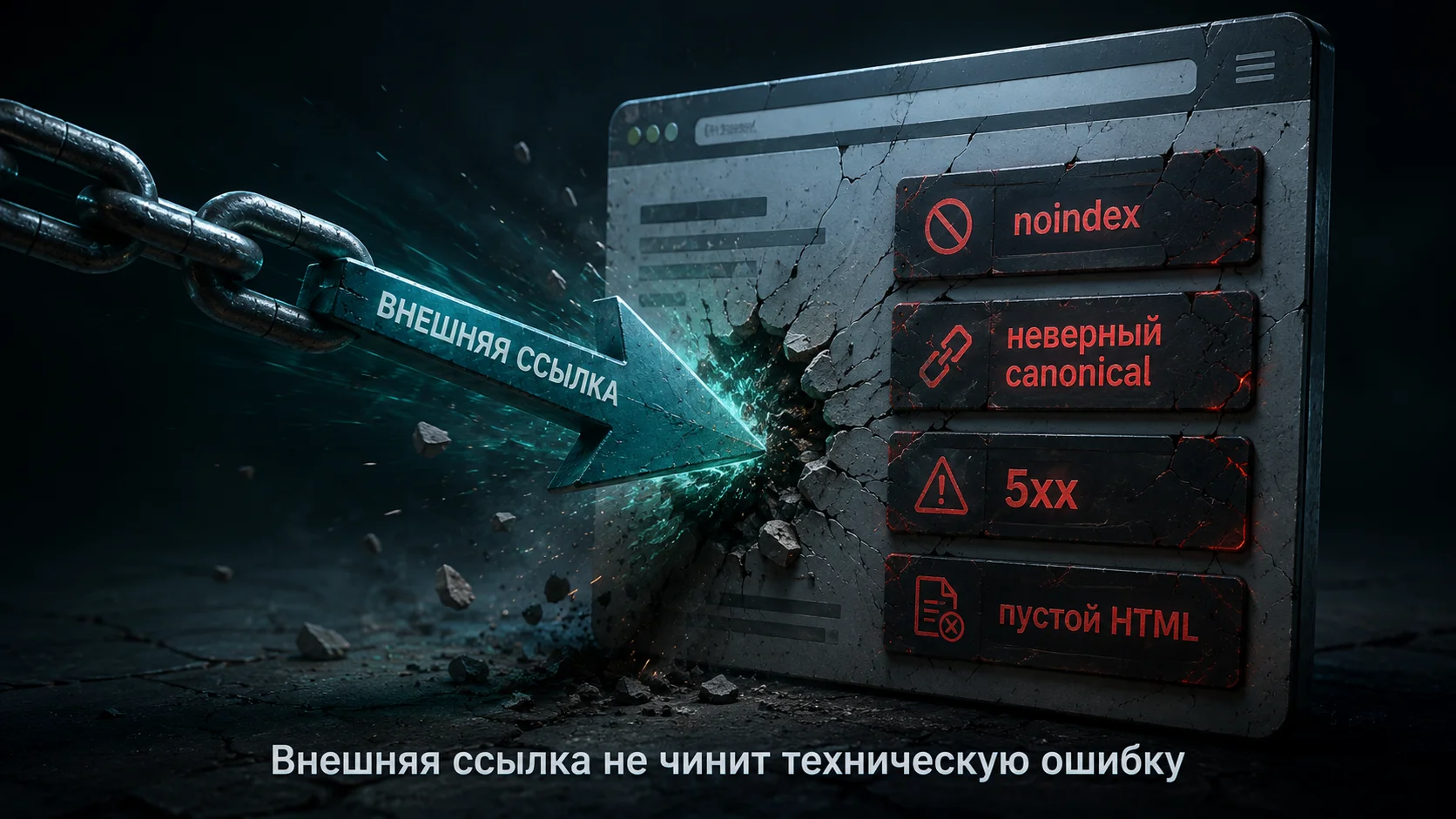 Почему внешняя ссылка не исправляет noindex, неверный canonical и ошибки сервера